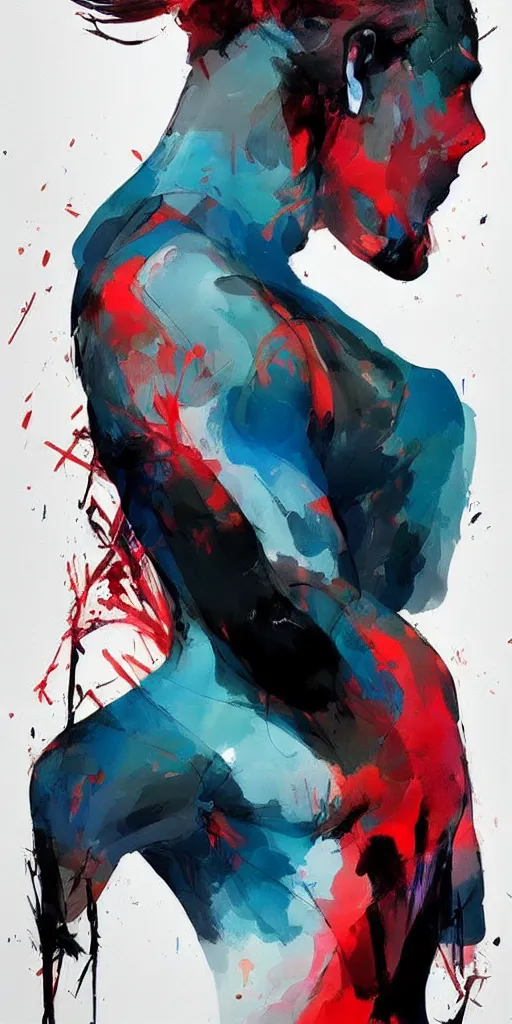 Image similar to abstract flowing brush strokes, stylized, torso of one!!! athletic man posing dramatically with no face in the center of the frame, by conrad roset, dark background, painting trending on artstation