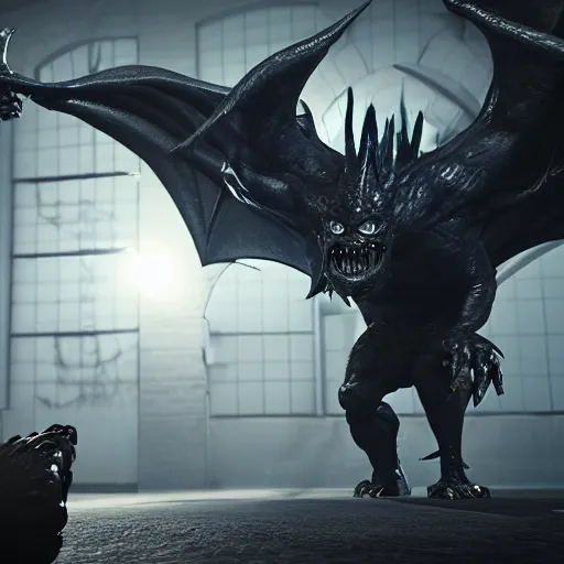 Prompt: cinematography picture with monster with bat wings, cyclope eye, big claws, several arms, hiding in the dark, 8k, unreal engine 5, hyperrealistic quality, ps5