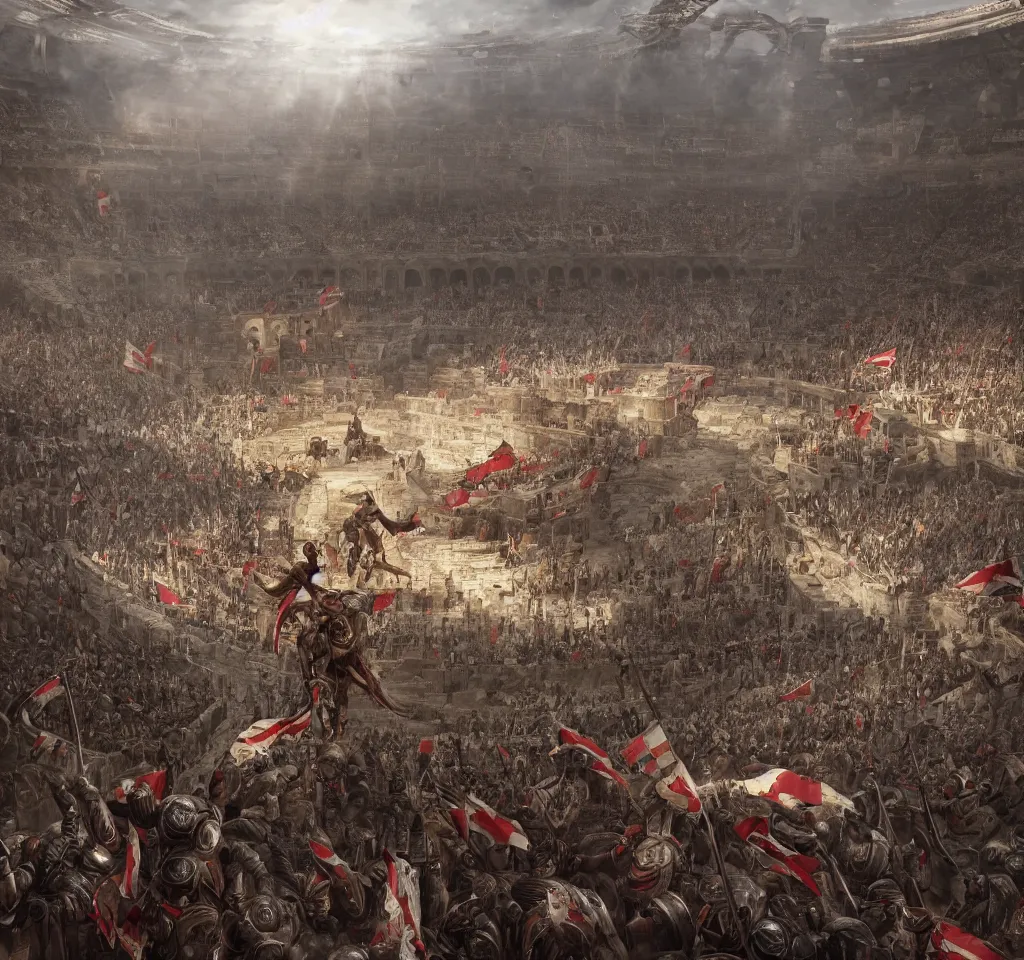 Image similar to Roman Gladiator at battle in a giant coliseum, wide angle shot, Flags on pillars , cinematic lightning, medium shot, mid-shot, highly detailed, trending on artstation, Unreal Engine 4k, cinematic, very highly Detailed, digital, HDR, Kodak Ektar, wide-angle lens, 3D concept art by Greg Rutkowski, Gary Houston, Stephan Martiniere and Alexander Fedosav