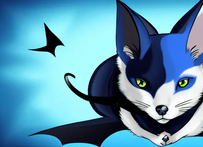 Image similar to a blue - and - black male catbat fursona with blue / green heterochromatic eyes ( differently - colored eyes, one eye green, one eye blue ) and huge bat ears, photo of the catbat streaming on his computer