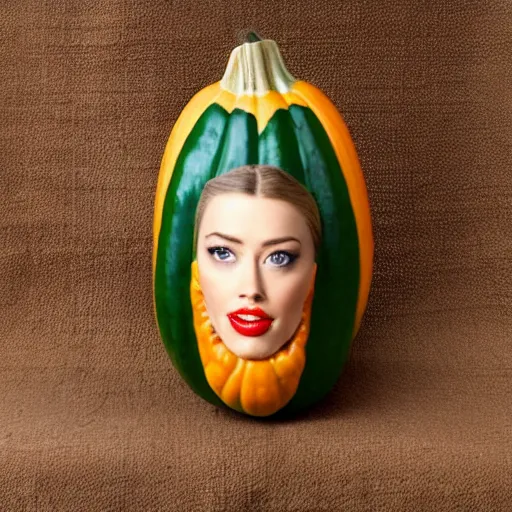 Image similar to gourd with face of amber heard hybrid intercross mix as a gourd