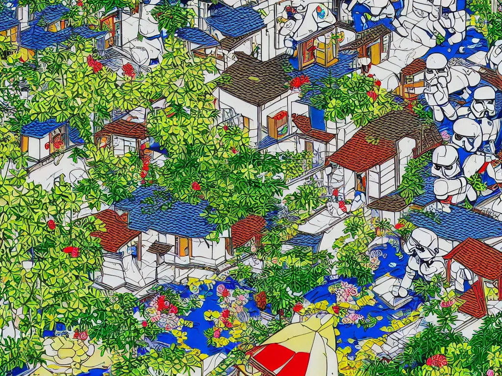 Image similar to super - detailed close - up image of one japanese house with a garden, pond, five stormtroopers sitting around it, in style of pop - art, andy warho style, roy lichtenstein style, jackie tsa stylei, bright palette, acrylic on canvas