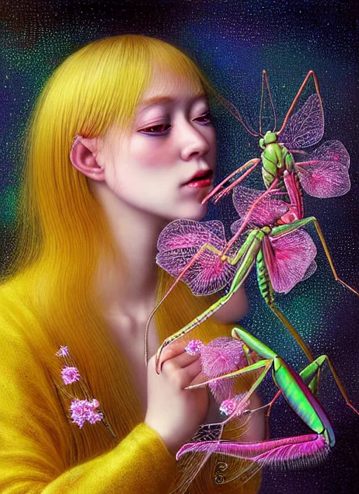 Image similar to hyper detailed 3d render like a Oil painting - kawaii portrait Aurora (gold haired Singer Praying Mantis Dragonfly) seen Eating of the Strangling network of yellowcake aerochrome and milky Fruit and Her compund eyes delicate Hands hold of gossamer polyp blossoms bring iridescent fungal flowers whose spores black the foolish stars by Jacek Yerka, Mariusz Lewandowski, Houdini algorithmic generative render, Abstract brush strokes, Masterpiece, Edward Hopper and James Gilleard, Zdzislaw Beksinski, Mark Ryden, Wolfgang Lettl, hints of Yayoi Kasuma, octane render, 8k