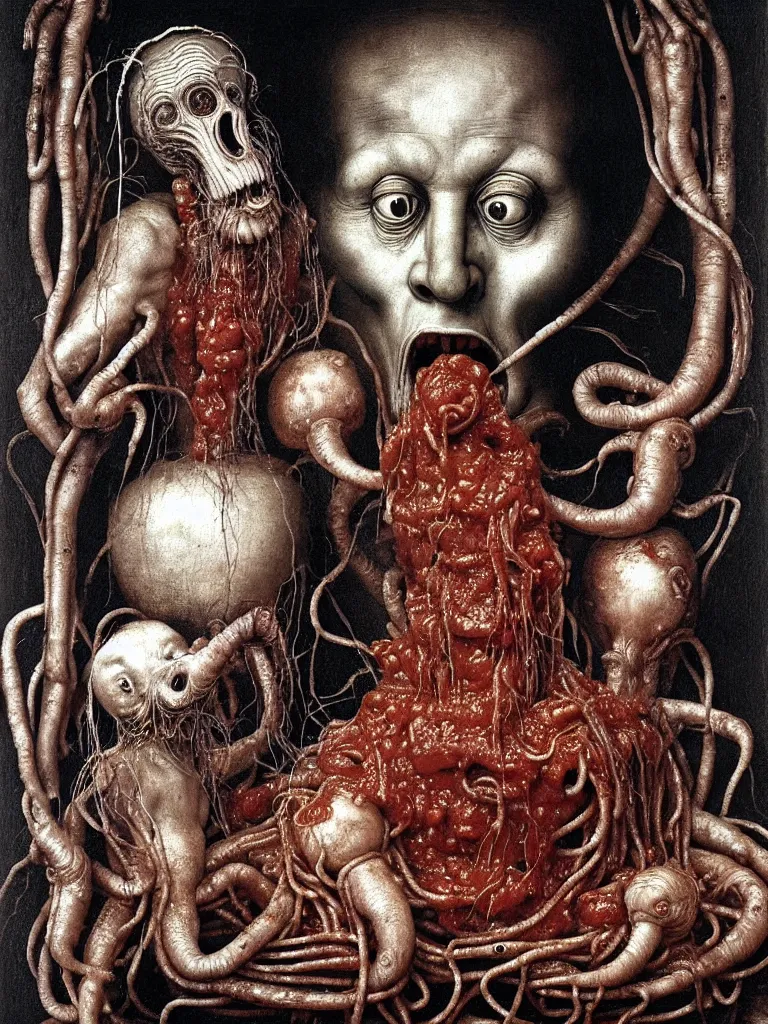 Prompt: a boy like the spaghetti monster, eraserhead and elephant man sitting in a tub full of tomato sauce, looking straight into camera, screaming in desperation, by giuseppe arcimboldo and ambrosius benson, renaissance, fruit, intricate and intense oil paint, a touch of joseph cornell, beksinski and hr giger and edward munch, realistic