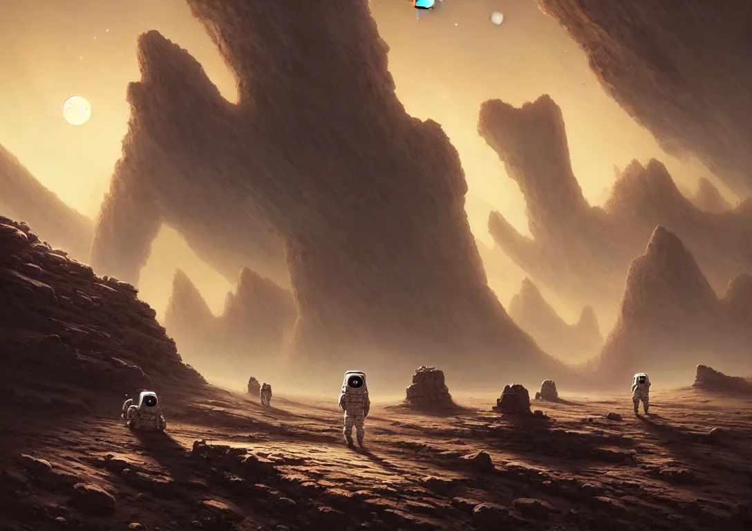 Image similar to no man's sky astronaut exploring a strange surface of another planet at dusk ruins of ancient civilization, ultra high definition, ultra detailed, symmetry, sci - fi, in style of heavy metal comic, in style of greg rutkowski and ross tran