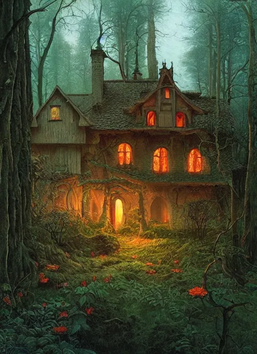 Prompt: hyper realistic witch cottage rococo in the woods gorgeous lighting, highly detailed, lush forest painting by zdzisław beksinski and norman rockwell and greg rutkowskiweta studio, and lucasfilm