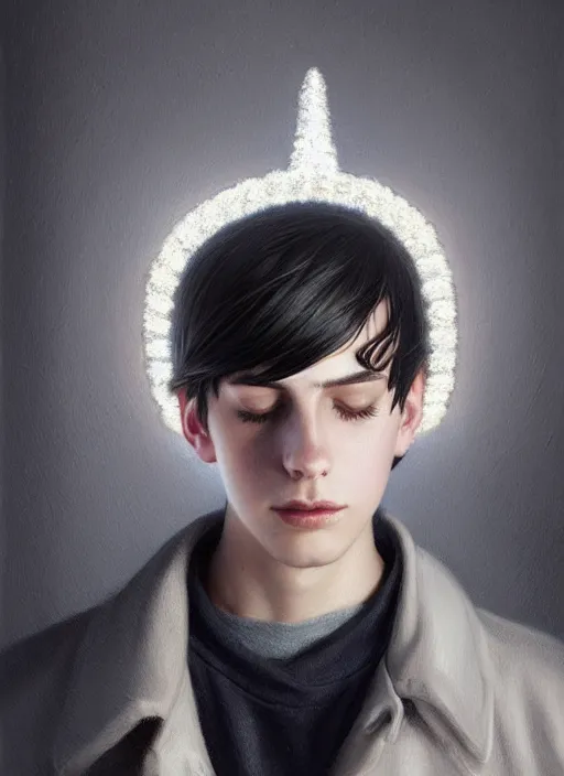 Image similar to portrait of teenage jughead jones wearing a light grey crown, photorealistic, crown, eyes closed, crown, black hair, intricate, elegant, glowing lights, highly detailed, digital painting, artstation, concept art, smooth, sharp focus, illustration, art by wlop, mars ravelo and greg rutkowski