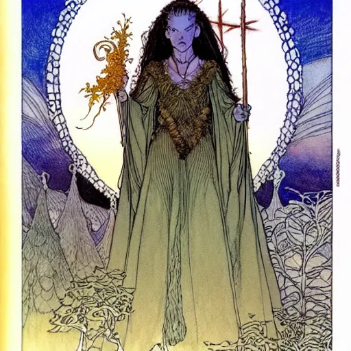 Image similar to a beautiful portrait of sanna!!!!! marin!!!!!, the young female prime minister of finland as a druidic wizard by rebecca guay, michael kaluta, charles vess and jean moebius giraud