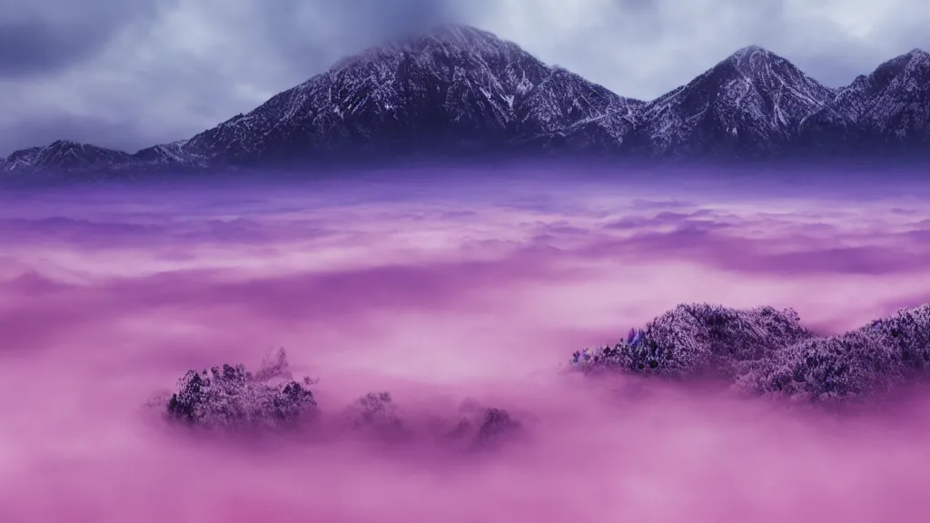 Image similar to a war between difference samurai fractions ongoing on soft glow pink desert with snow mountains and cloudy skies, purple fog, long exposure, detailed, hyper realistic, photorealism, landscape, ultra wide angle view, peaceful, cinematic, volumetric lighting, god ray through clouds