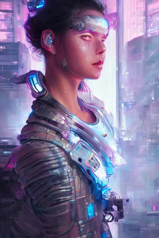 Image similar to portrait futuristic Cyber warrior Girl, in future cyberpunk tokyo rooftop , ssci-fi, fantasy, intricate, very very beautiful, elegant, neon light, highly detailed, digital painting, artstation, concept art, smooth, sharp focus, illustration, art by tian zi and WLOP and alphonse mucha