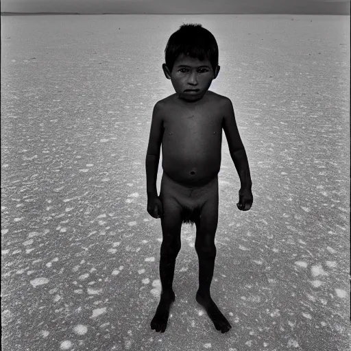 Image similar to photos of indigenous boy staring into the camera, distended abdomen, standing on a salt flat, highly detailed, muted gray brown colors, by national geographic