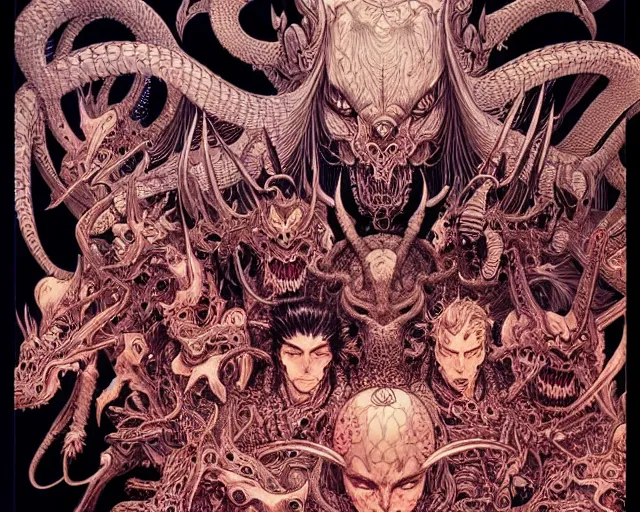 Image similar to hyper detailed illustration of an army of demons, intricate linework, lighting poster by moebius, ayami kojima, 90's anime, retro fantasy