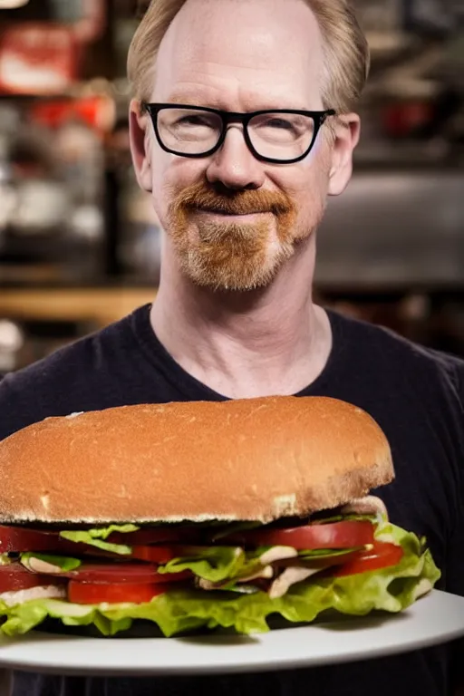Image similar to 📷 portrait of adam savage the sandwich, food man, still image, dynamic lighting, 4 k