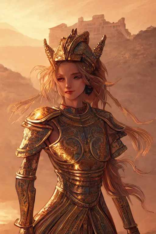 Prompt: portrait knights of zodiac girl, golden and copper shining armor, karate pose in ruined agora of athens sunrise, ssci - fi and fantasy, intricate and very very beautiful and elegant, highly detailed, digital painting, artstation, concept art, smooth and sharp focus, illustration, art by tian zi and wlop and z - - ed