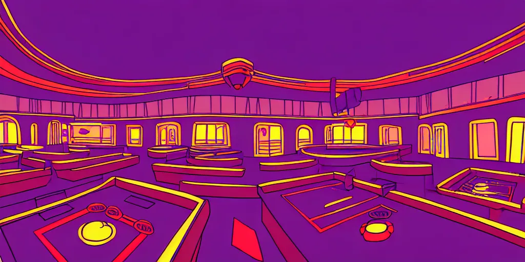 Prompt: minimalistic extreme wide angle curved perspective digital art of indoor top floor of a casino with a balcony to the ground floor by anton fadeev from nightmare before christmas