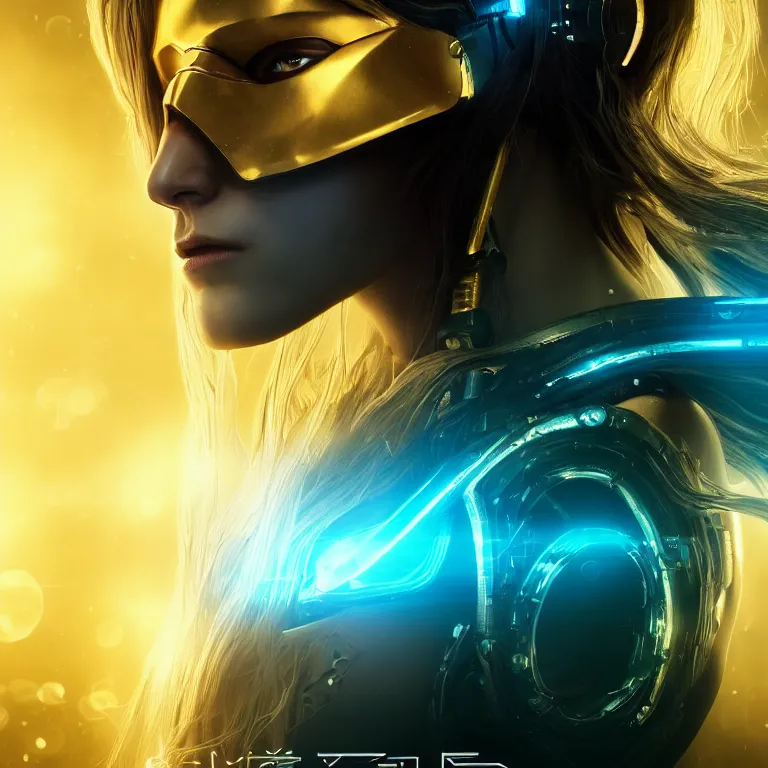 Image similar to beautiful cinematic poster, female cyberpunk cyborg, a gold circuit mask, brilliant blue flowing hair, beautiful glowing eyes, wideshot ultrawide angle epic scale, hybrid from the elden ring and art direction by darius zawadzki, wayne reynolds artstation ; cinematic quality character render ; low angle ; ultra high quality model, quality cinema model