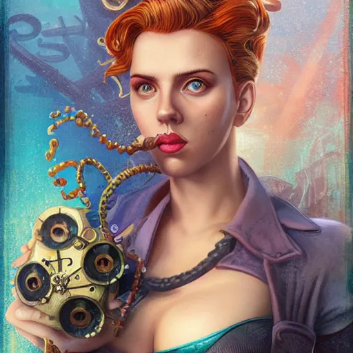 Image similar to lofi underwater bioshock steampunk portrait of scarlett johansson, octopus, digital art, Pixar style, by Tristan Eaton Stanley Artgerm and Tom Bagshaw.