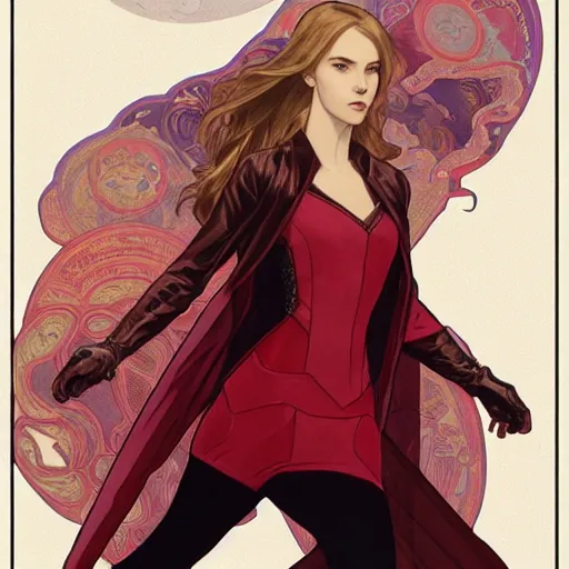 Prompt: Erin Moriarty as Wanda Maximoff, character design, detailed, artstation, concept art, smooth, sharp focus, aesthetic, illustration, trending on ArtStation, Created by artgerm and greg rutkowski and alphonse mucha and J. C. Leyendecker and Edmund Blair Leighton and Katsuhiro Otomo and Geof Darrow and Phil hale and Ashley wood and Ilya repin and Charlie Bowater