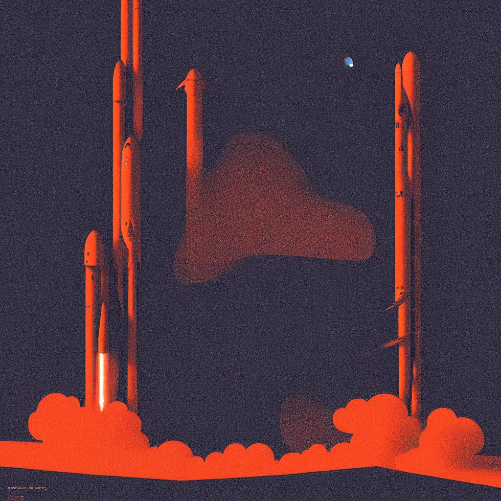 Image similar to spacex launch by, mads berg, karolis strautniekas, film noir, stippled light, dramatic lighting, editorial illustration, detailed, fine texture, matte print, art deco, brutalism, dark blue + dark orange, red, black, ( ( habitat 6 7 background ) )