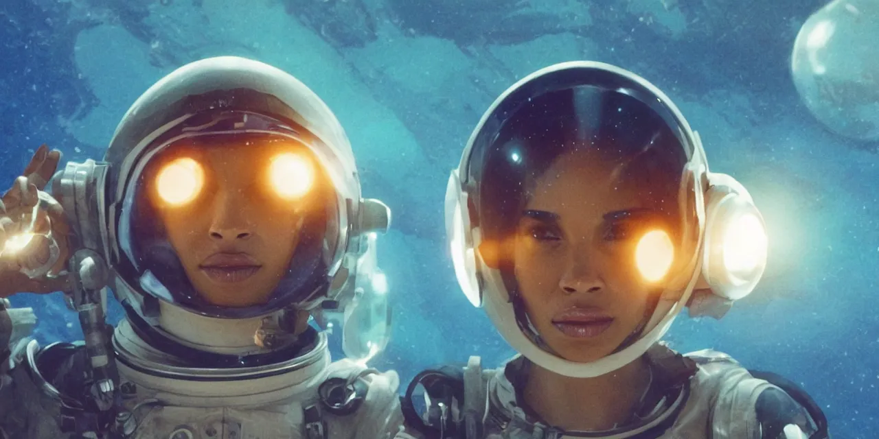 Image similar to Zoe Kravitz with short hair as a retro astronaut, helmet with led lights, alone underwater in the ocean at night, clear water, glowing bubbles, volumetric lighting, glowing lights, 4k, octane, unreal engine, digital painting, artstation, concept art, high contrast, high saturation , cinematic film still, sharp focus, illustration, art by Christopher Nolan and artgerm and greg rutkowski and alphonse mucha , wide angle view, full body