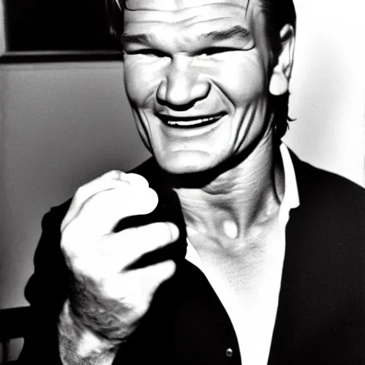 Image similar to patrick swayze eating! a cola cube, in scotland, high quality photograph,