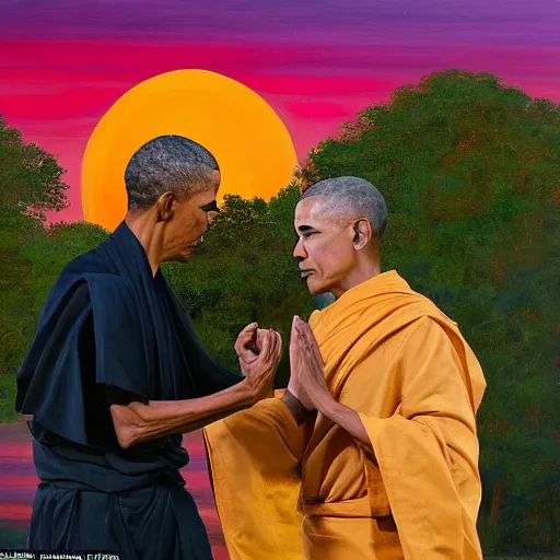 Image similar to barack obama engaged in hand to hand combat with a buddhist master, dramatic lighting at sunset atop a temple, painting