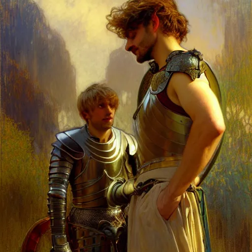 Image similar to attractive arthur pendragon and his attractive male knight, they are in love, natural lighting, path traced, highly detailed, high quality, digital painting, by gaston bussiere, craig mullins, alphonse mucha j. c. leyendecker