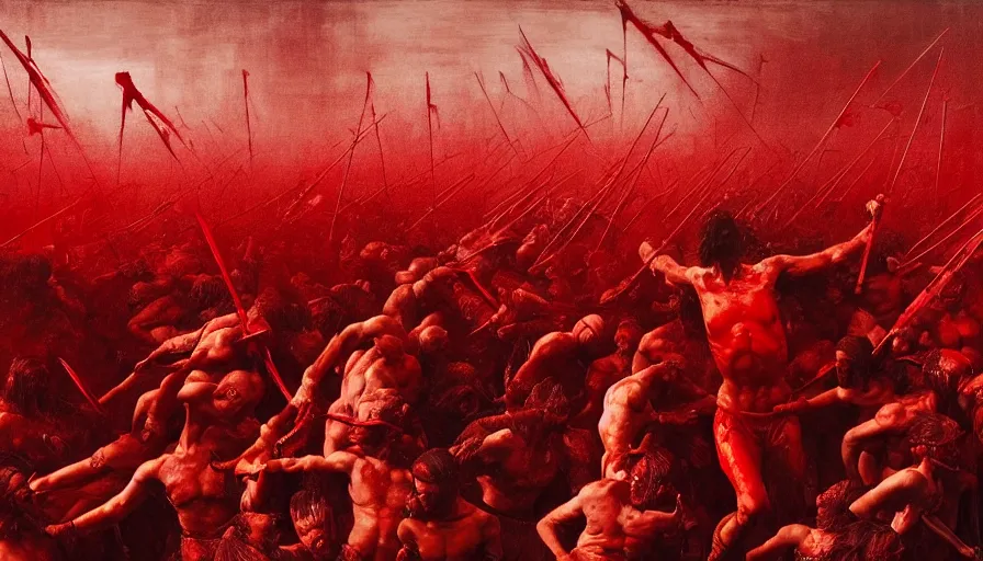 Image similar to only with red, bloody gladiator battle in a crowded roman amphitheatre, crowd cheering, in the style of beksinski and edward hopper and rodcenko and yue minjun and greg rutkowski, intricate and epic composition, red by caravaggio, highly detailed, masterpiece, red light, artstation, art nouveau