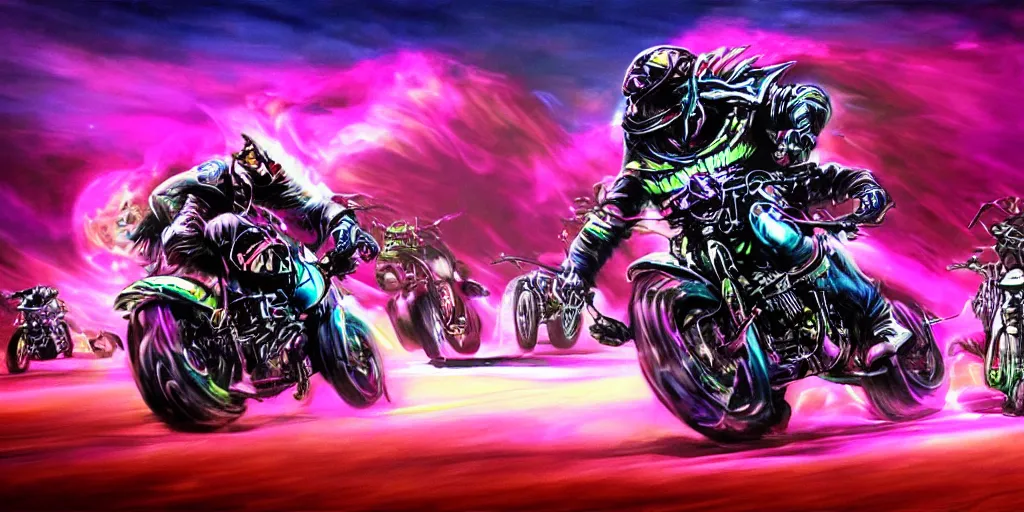 Image similar to psychedelic blacklight airbrush artwork, motorcycles, hyper stylized action shot of orc bikers racing on motorcycles, menacing orcs, drifting, skidding, wheelie, motorcycle tricks, clear focused details, soft airbrushed artwork, black background, cgsociety, artstation, stunning, masterpiece