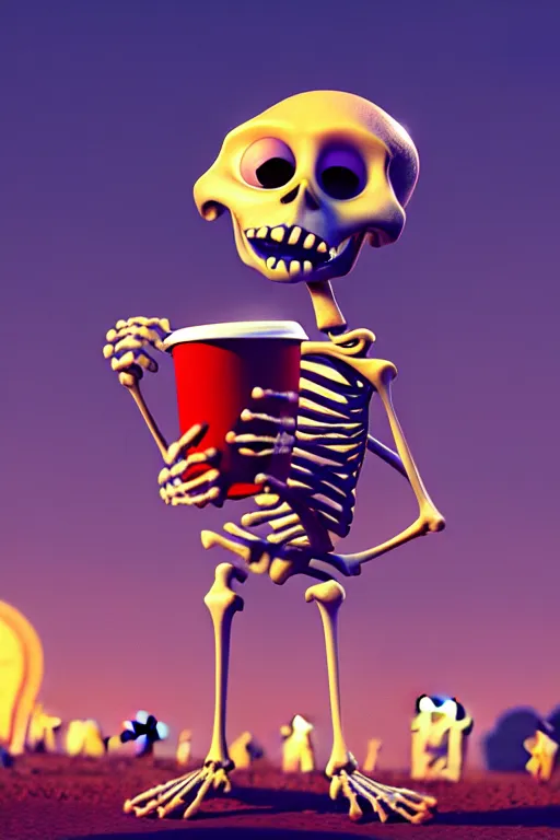 Image similar to a small skeleton character with big round eyes holding a cup of coffee on a cemetery at night. pixar disney 4 k 3 d render movie oscar winning trending on artstation and behance. ratatouille style.