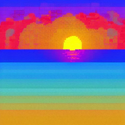 Prompt: landscape of a sunset on the sea, warm colours, high contrast, pixel art