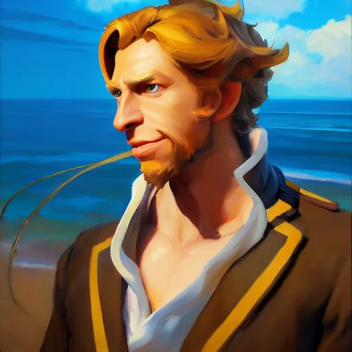 Prompt: Greg Manchess portrait painting o Guybrush Threepwood as Overwatch character, medium shot, asymmetrical, profile picture, Organic Painting, sunny day, Matte Painting, bold shapes, hard edges, street art, trending on artstation, by Huang Guangjian and Gil Elvgren and Sachin Teng