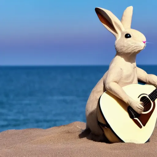 Image similar to a rabbit playing a guitar sitting on a beach in Sweden