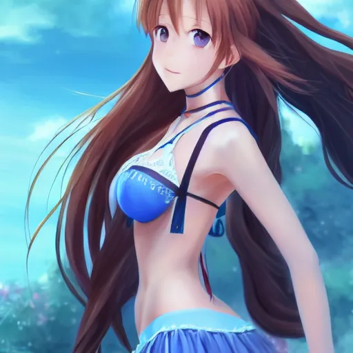 Image similar to a very beautiful young yuuki asuna, full body, long wavy blond hair, sky blue eyes, full round face,, bikini, miniskirt, front view, mid - shot, highly detailed, cinematic wallpaper by stanley artgerm lau