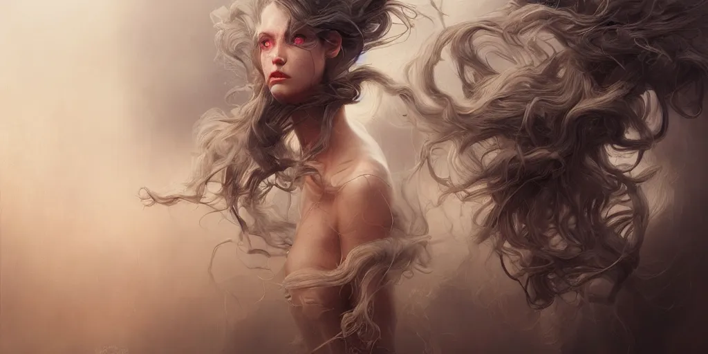 Image similar to hyperrealistic portrait beautiful minx worrying about her hair, dramatic lighting, highly detailed, hyper detailed, 3 d render, hyper realistic detailed portrait, high face symmetry, peter mohrbacher, wlop, ruan jia