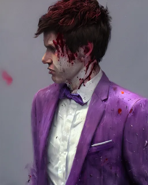 Prompt: A hyper realistic oil painting of a man in his twenties dressed in a purple suit, full height, clean shaven, insane looking face, messy hair, covered in blood, by Greg Rutkowski, trending on artstation, 4k, creepy lighting