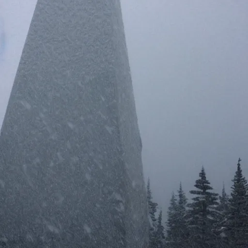 Image similar to a monolithic obelisk towering over a mountain in a taiga. overcast sky, grainy, snowing.