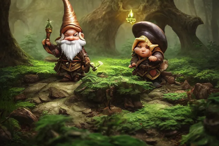 Image similar to legendary elegant gnome hold map and feel confuse in forest,, highly detailed, d & d, fantasy, highly detailed, digital painting, trending on artstation, concept art, sharp focus, illustration, global illumination, ray tracing, realistic shaded, art by artgerm and greg rutkowski and fuji choko and viktoria gavrilenko and hoang lap