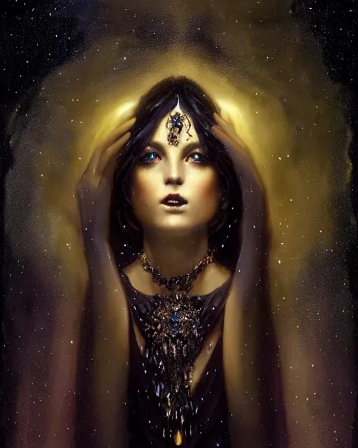 Prompt: Nocturne, glowing, stars, a portrait of a beautiful female shadow djinn with jeweled collar, long hair, glowing eyes, highly detailed, mysterious, ethereal, dressed in velvet and gold jewelry, haute couture, illustration, dramatic lighting, painting, by Edmund Blair Leighton, Brom, Charlie Bowater, trending on artstation, faces by Tom Bagshaw, otto schmidt