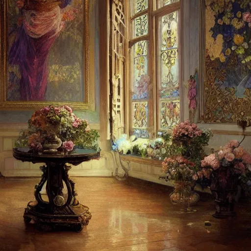 Image similar to a beautifull intricate oil painting of a victorian room with flowers, reflexions, verry high details by william turner art, greg rutkowski and alphonse mucha, trending on artstation, very very detailed, masterpiece, intense colours, wide lens,