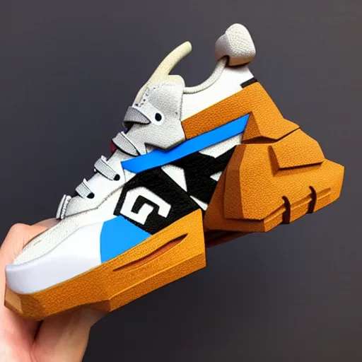 Image similar to realistic scultpure of sneaker! design, sneaker design overwatch fantasy style mixed with aztec mayan native street fashion, focus on sneakers only, shoes designed by akira toriyama and studio ghibli