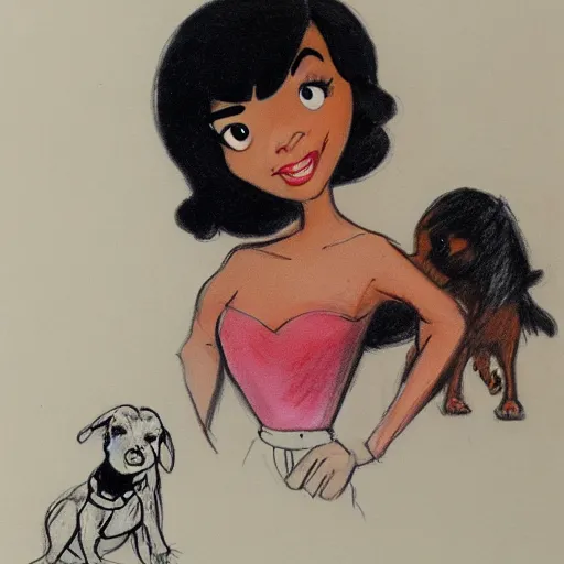 Image similar to milt kahl sketch of black hair cuban girl with dog nose