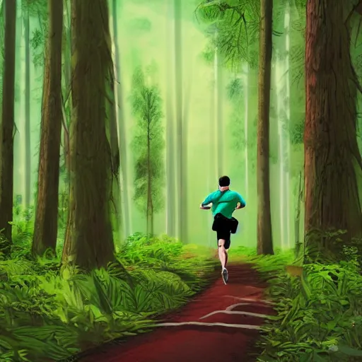 Prompt: a sporty guy in acid-green sneakers, runs alone through a forest with tall trees, comic book art, a shot from the back in perspective, Digital concept art, digital painting, very highly detailed, micro details, body's best illustration,