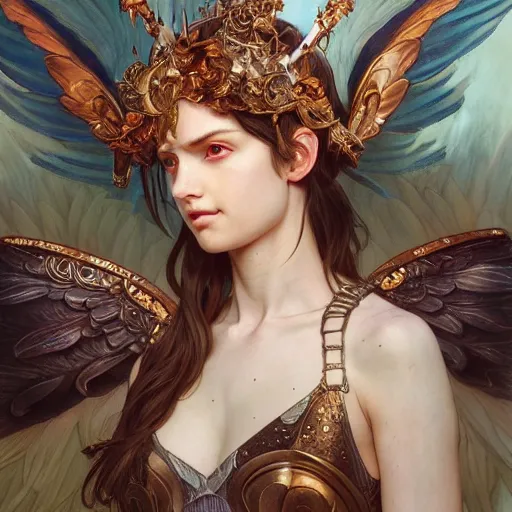 Prompt: portrait of young aasimar angel girl maiden wearing comfy leather armor with beautiful feathered angel wings by Yoshitaka Amano and artgerm and greg rutkowski and alphonse mucha and andrei riabovitchev and Rossdraws and Bluesssatan and Mandy Jurgens and Stjepan Sejic, 4k oil on linen, vivid colors, colorful, photorealistic, high dynamic range, HDR, intricate, elegant, highly detailed, digital painting, artstation, concept art, smooth, sharp focus, illustration, mid-shot, medium shot, hyperdetailed