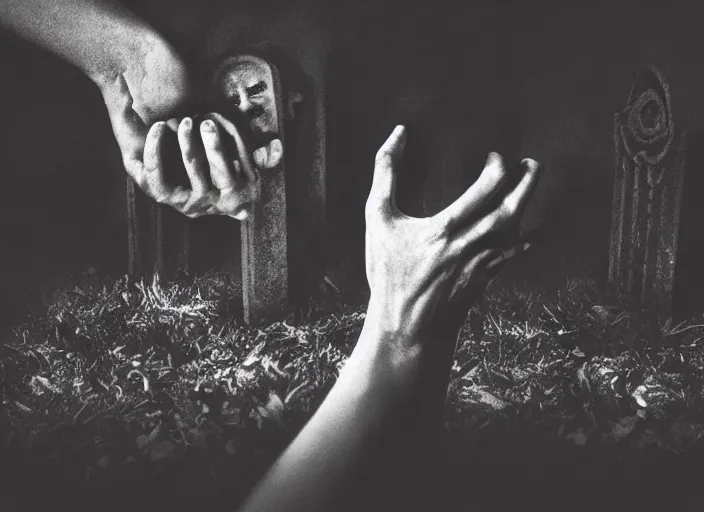 Prompt: [ macabre figures reaching out ]!! from a hole in the ground [ in a graveyard ]!!, [ 4 k photorealism ]!!, trending on unsplash, grim lighting, gloomy atmosphere, cgsociety inspired, pinterest contest winner