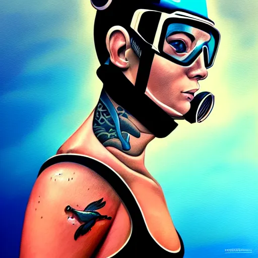 Image similar to a profile photo of a diver with diving helmet with tattoos on arm and neck, side profile in underwater, highly detailed, digital painting, artstation, sharp focus, illustration by Sandra Chevrier