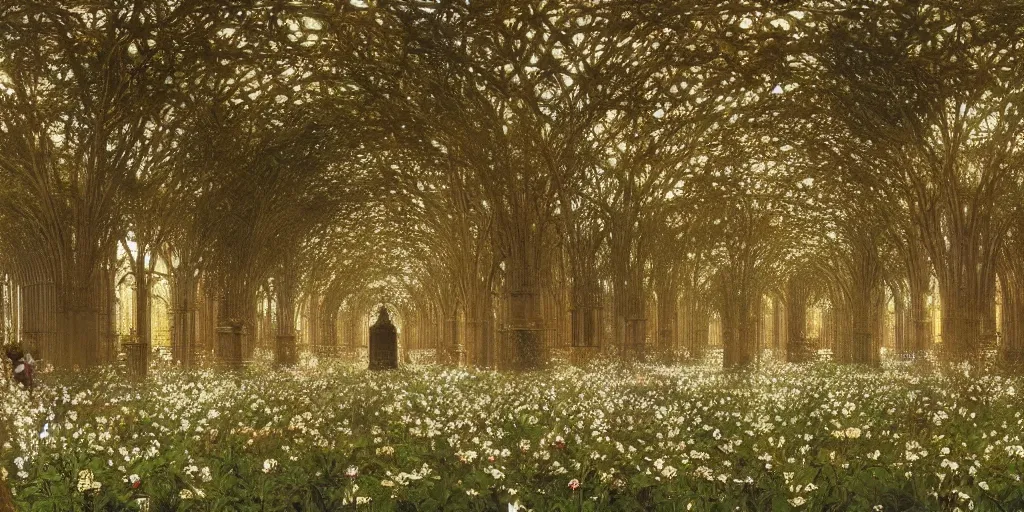 Prompt: a recursive cathedral made of mirrors within a wildflower meadow at dawn, infinite regress, droste effect, in the style of alma tadema