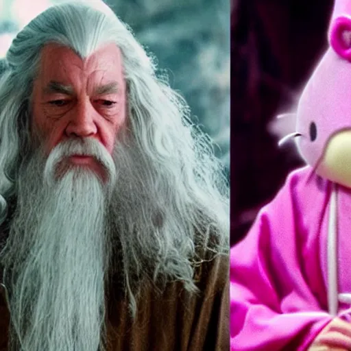 Image similar to gandalf wearing light pink robes, hello kitty hair clip, movie still from the lord of the rings