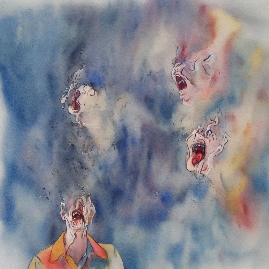Image similar to watercolour artwork about a man's head bursting into imaginary white smoke.