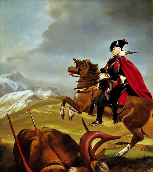 Image similar to gordon ramsay riding a long horn ram in the scottish mountains in the style of napoleon crossing the alps painting by paul delaroche, masterpiece, tartan cape